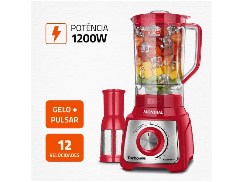 Liquidificador Mondial Turbo Inox L-1200 RI com Filtro 12 Velocidades 1200W Vermelho - 220V