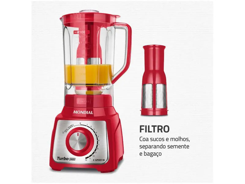 Liquidificador Mondial Turbo Inox L-1200 RI com Filtro 12 Velocidades 1200W Vermelho - 220V