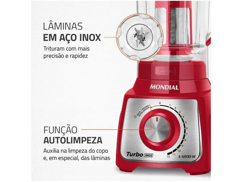 Liquidificador Mondial Turbo Inox L-1200 RI com Filtro 12 Velocidades 1200W Vermelho - 220V